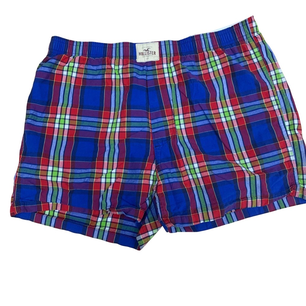 Hollister Boxer Shorts Mens XL Blue Plaid Cotton Elastic Waist Lounge Underwear